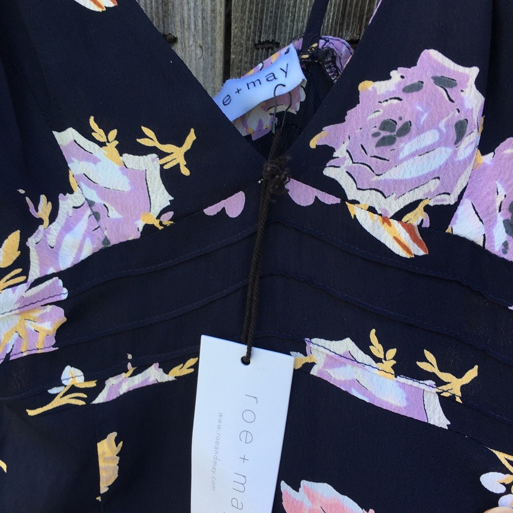 NWT Roe + May Ava Maxi Dress Half Moon Floral Rayon Navy Blue Pink XS - Picture 6 of 10